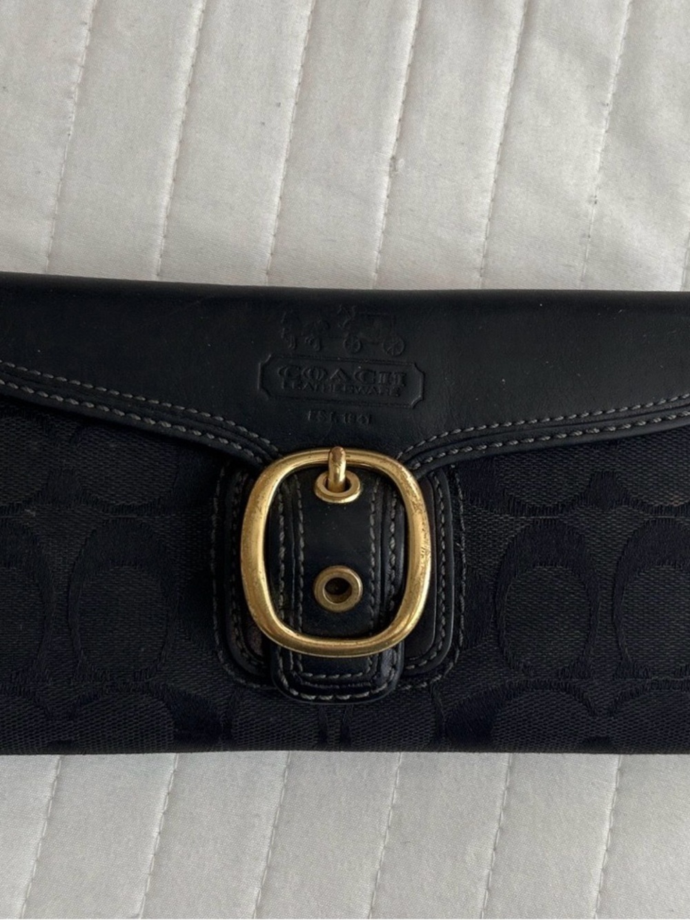 Coach Black Signature Buckle Continental Wallet with Gold Buckle